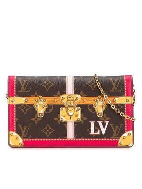 Louis Vuitton Monogram Pochette Weekend Shoulder Bag Brown Red Leather